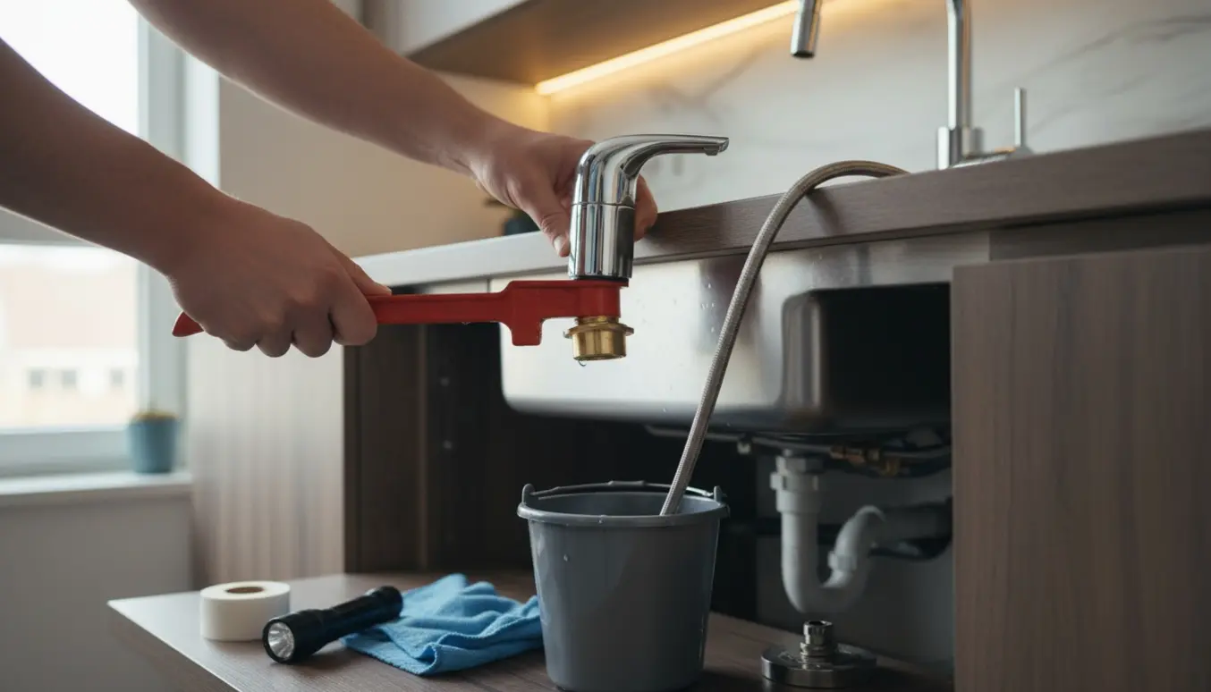 Hænder afmonterer en Grohe krom køkkenarmatur med udtræk ved en rustfri vask med værktøj og en spand ved siden af.