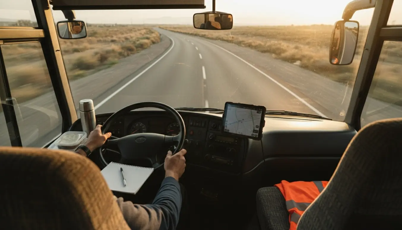 Udsigt over førerpladsen i en udlejningsbus med chaufførens hænder på rattet, ruteplan på tablet og kaffekop.