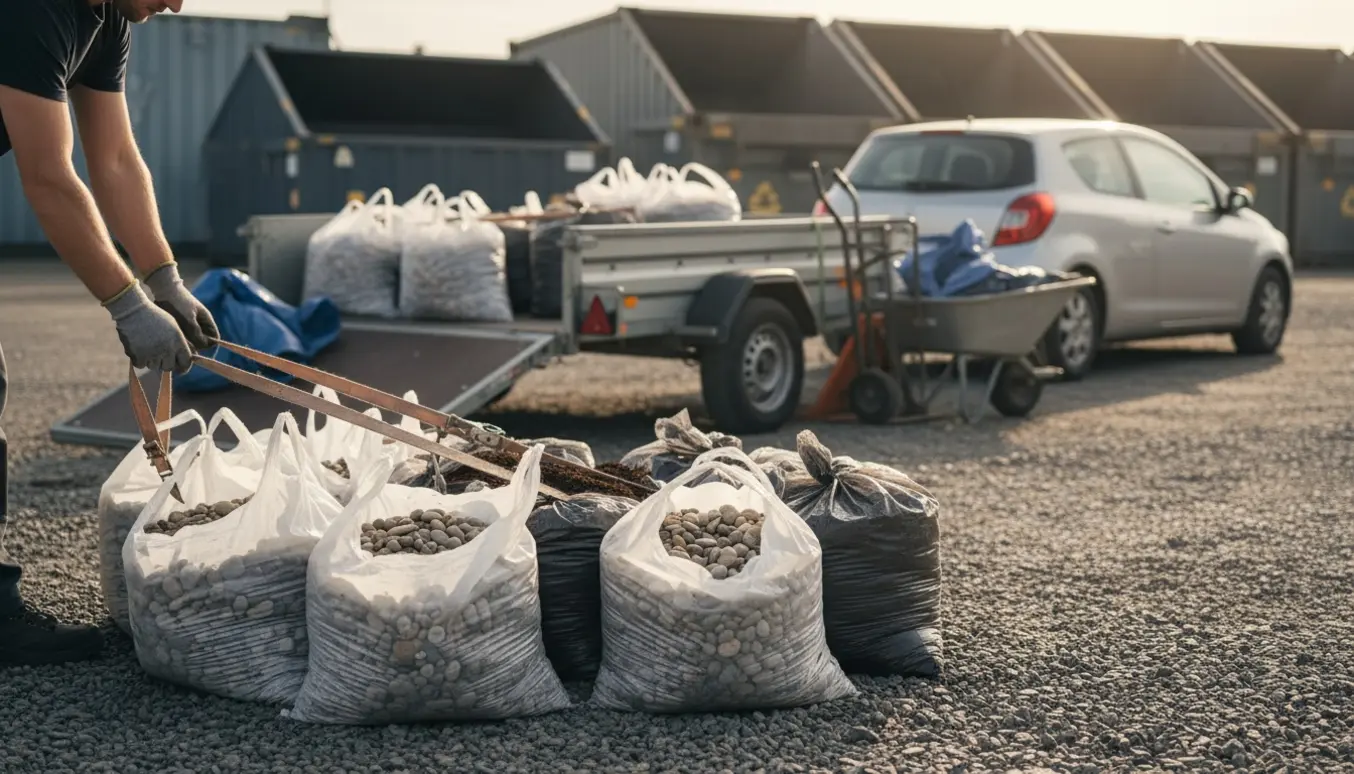 Plastiksække fyldt med småsten og lidt jord læsses på en trailer i indkørslen, klar til kørsel til Korsør genbrugsplads.