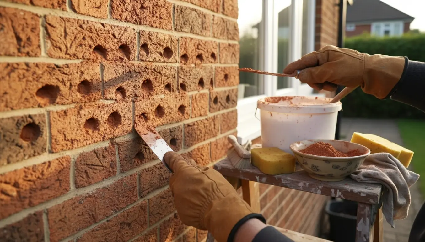 Hænder fylder mange små huller i en rød murstensvæg med farvet mørtel og murstenspulver.