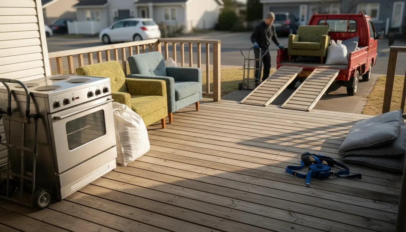 To personer læsser en ovn, lænestole og sække med storskrald fra en terrasse mod en varevogn ved vejen.