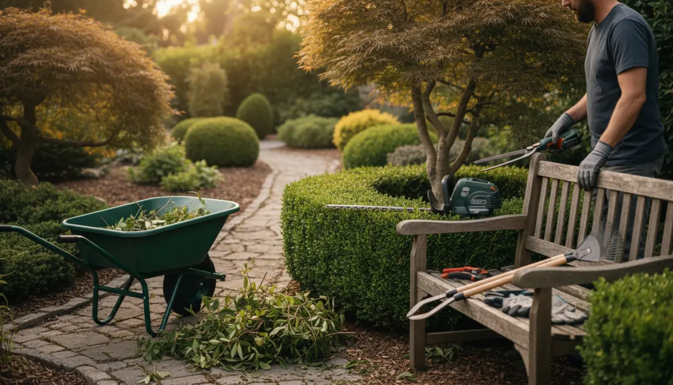 Beskæring af hæk og småtræer med hækkeklipper og haveredskaber i en solbeskinnet have.