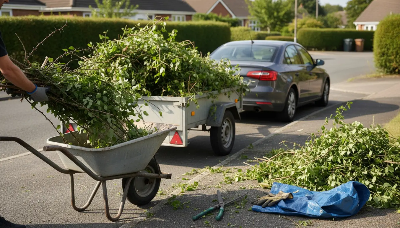 Trailer ved indkørsel fyldt med haveaffald, en person i handsker læsser trillebør og grene.