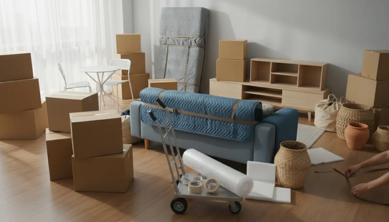 Stablede flyttekasser og indpakkede møbler klar til flytning i en lys stue.