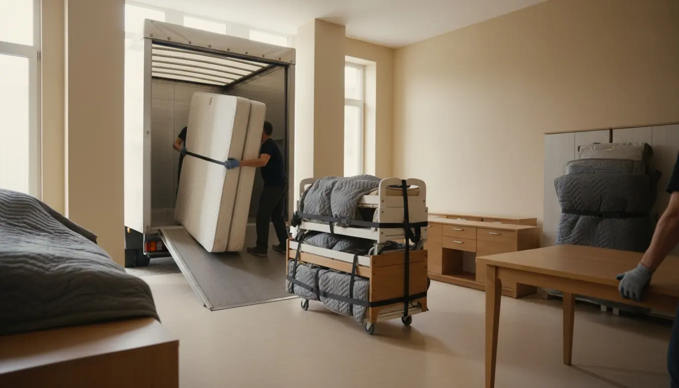 Flyttefolk læsser indpakkede møbler fra en rummelig elevator ind i en flyttevogn.