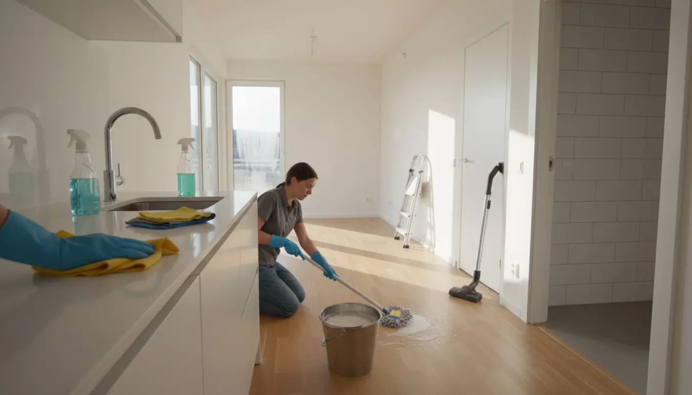 Flytterengøring i lys 60 m² lejlighed med hands-on rengøring, moppe, spand og vinduesskraber.