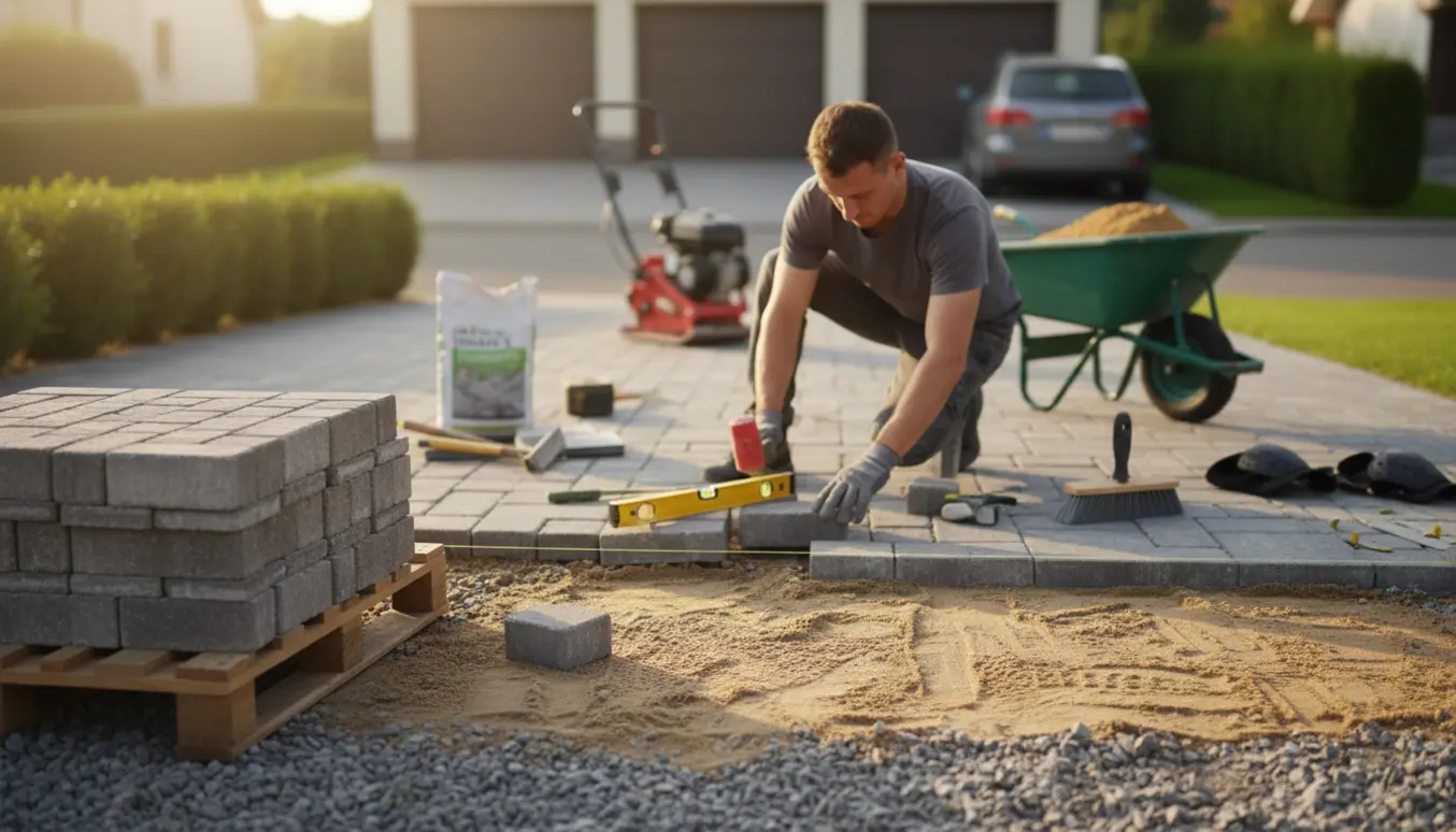 Omlægning af fliser i en indkørsel med handsker, gummihammer og værktøj klar ved en nyligt afrettet sandbund.