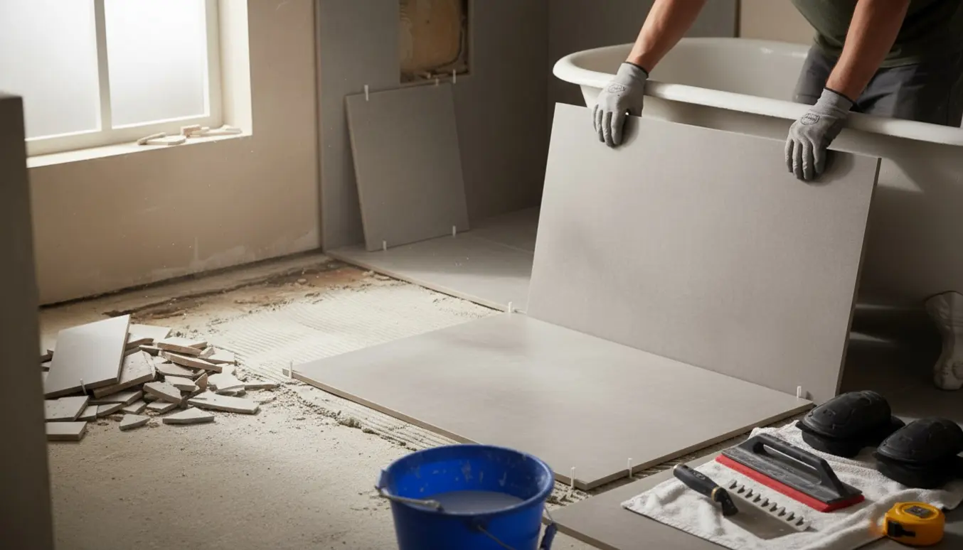 Hænder lægger store rektangulære fliser på badeværelsesgulvet og i brusenichen under en fliseudskiftning.