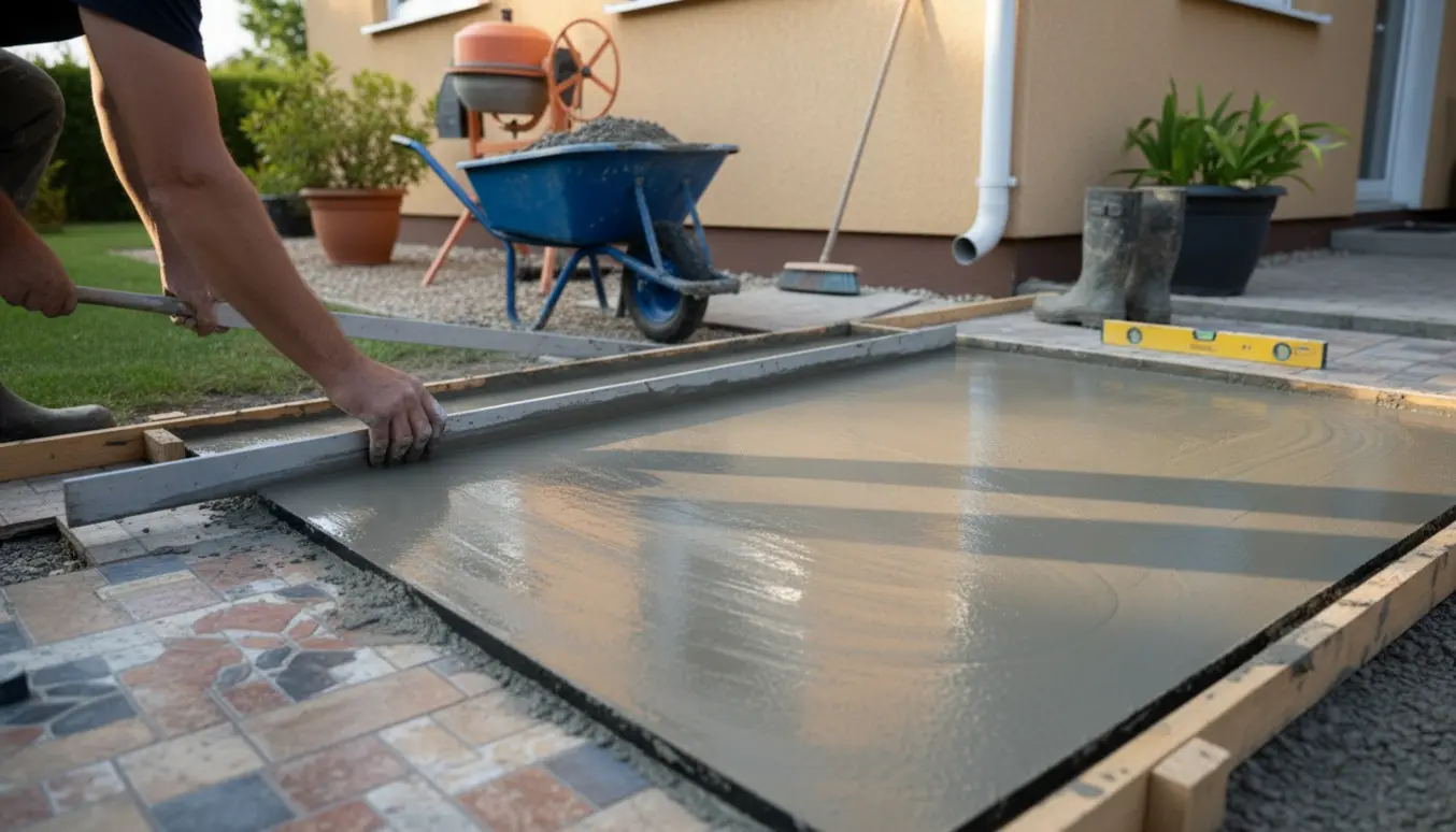 Våd beton bliver udlagt og glattet ovenpå eksisterende fliser rundt om et hus.