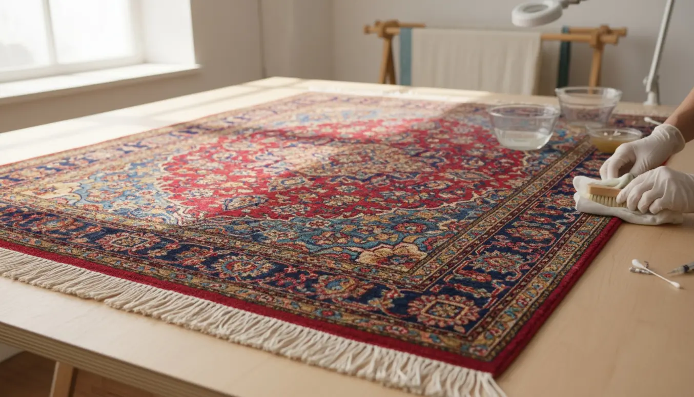 Nænsom rensning af et persisk vægtæppe på et lyst værksted, kun hænder synlige.