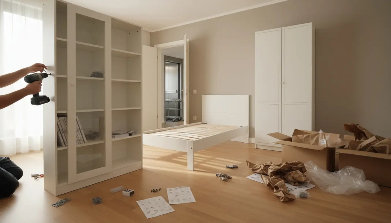 Partielt samlede fladpakkede møbler i lejlighed med emballage klar til bortskaffelse og elevator i baggrunden.