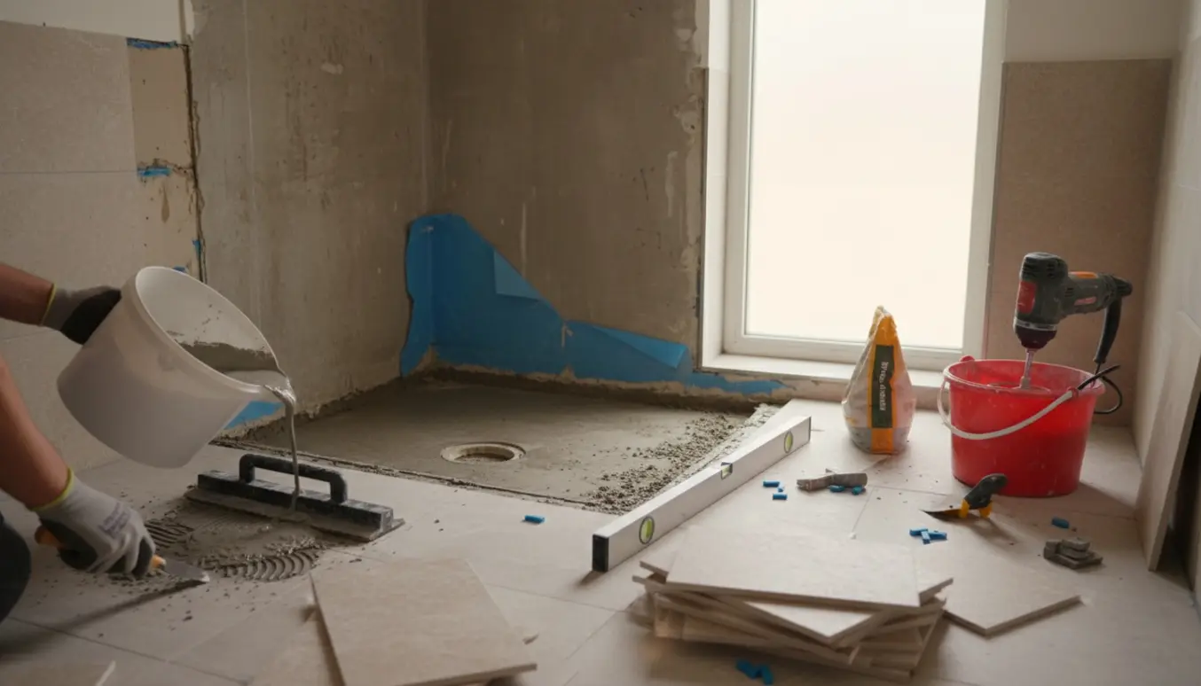 Badeværelse under renovering med fjernede fliser, eksponeret gulv og håndværkerhænder, der udjævner gulvet ved bruseområdet.