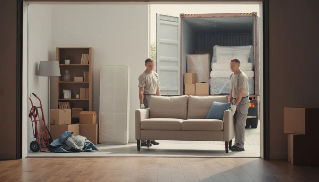 To flyttemænd bærer en sofa ud af en stueetagelejlighed mod en åben flyttecontainer omgivet af flyttekasser og udstyr.