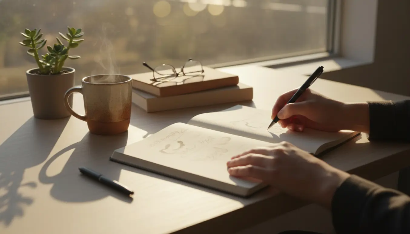 Hænder skriver i en notesbog ved et solbeskinnet skrivebord med en kop kaffe og en potteplante.
