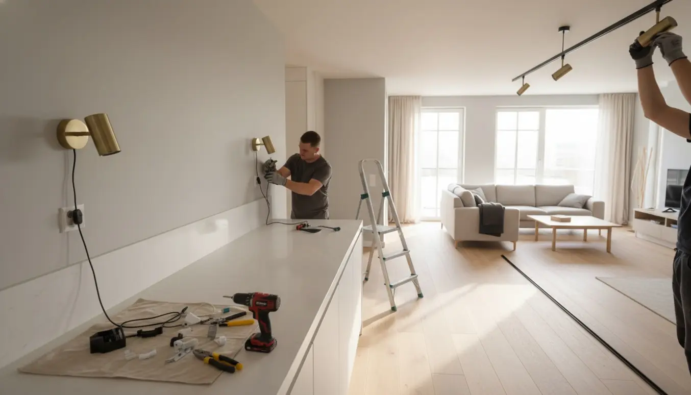 Hænder monterer to små køkkenlamper og to spots på en skinne i et moderne åbent køkken-alrum med værktøj og stige i forgrunden.