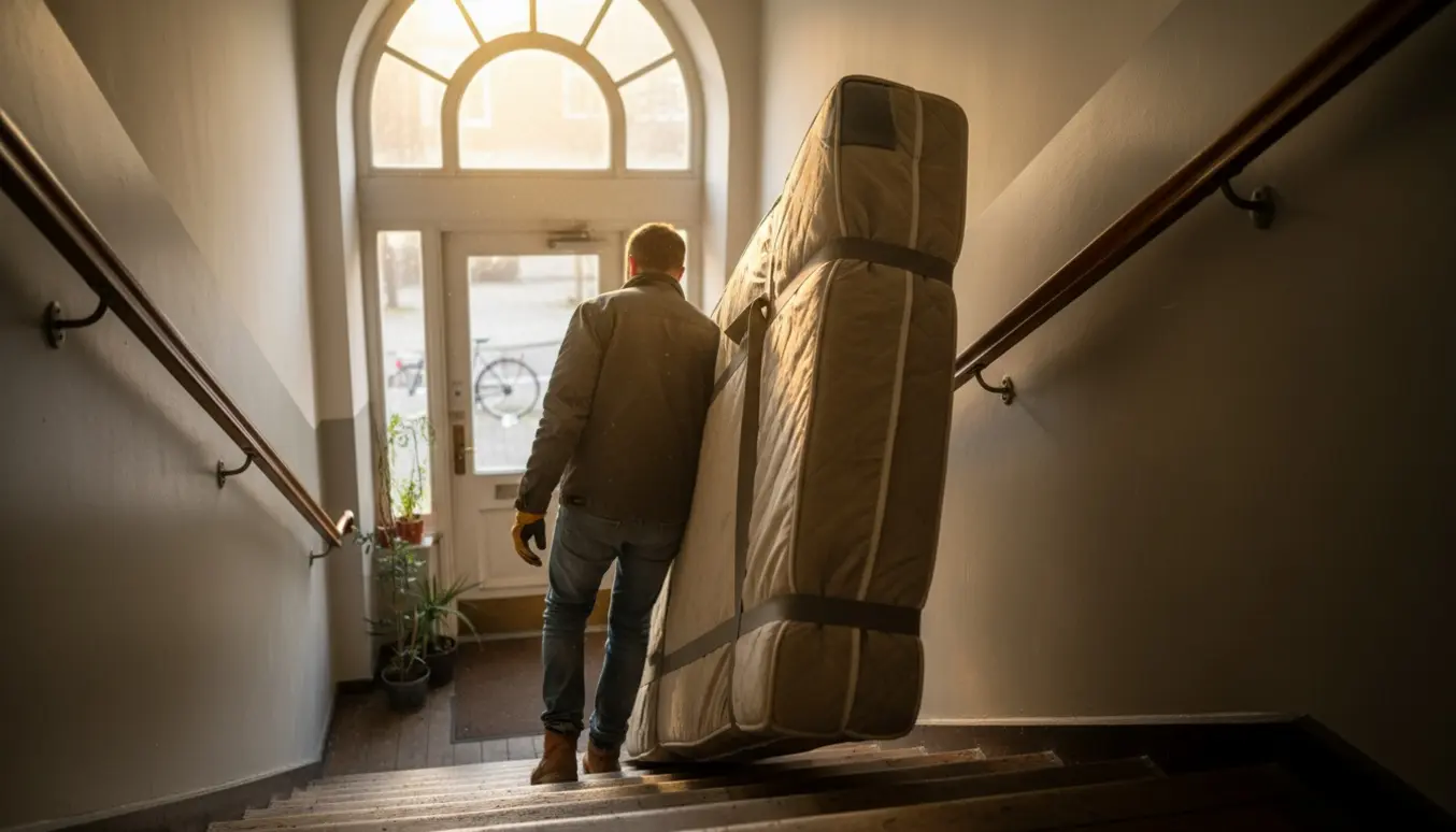 En person bærer en enkeltmadras (ca. 200 x 90 cm) ned ad en smal trappe fra 4. sal, ansigtet ikke synligt.