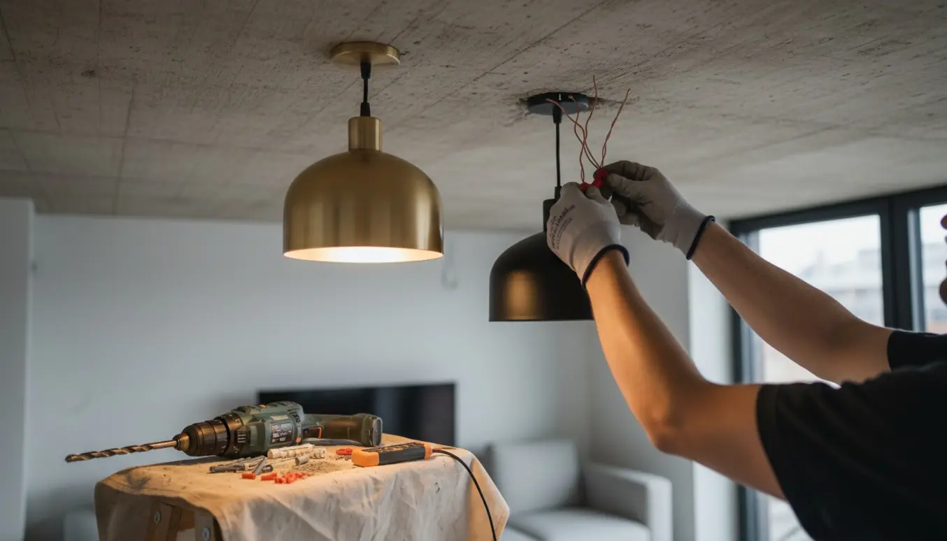 Installation af to pendellamper i et råt betonloft med værktøj og beskyttelsesudstyr.