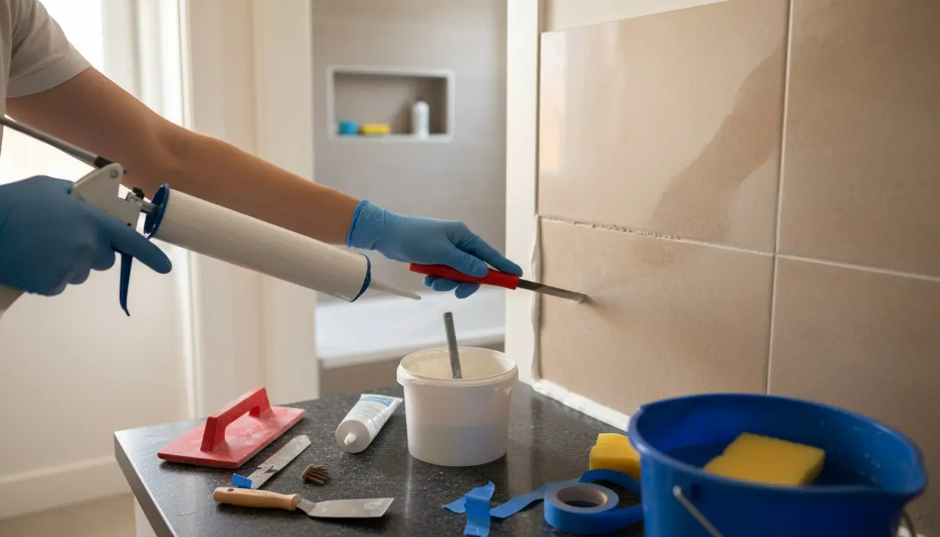 Handskerede hænder udskifter fuger på køkkentegler og påfører elastisk fuge ved køkkenbordet.