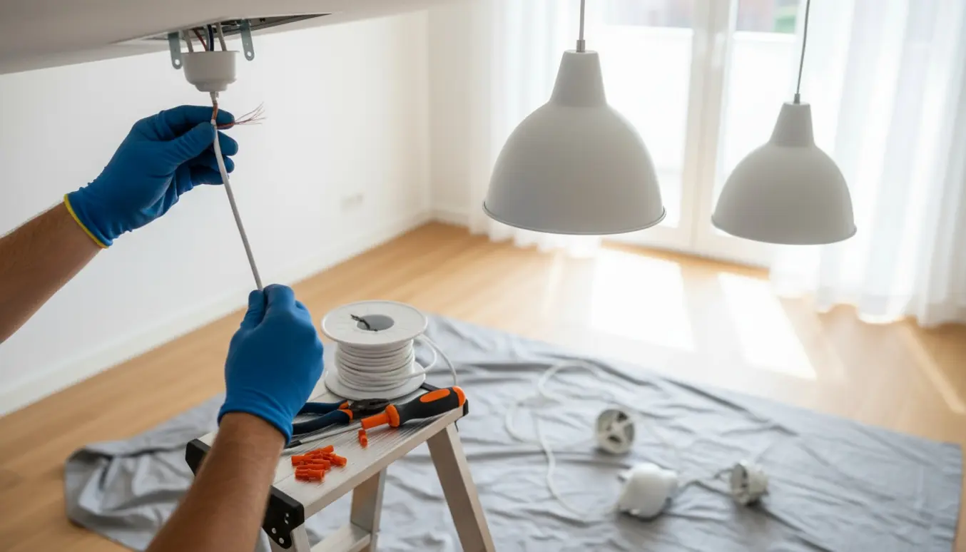 Hænder på en stige forbinder en ny hvid ledning til en loftlampe, mens to andre hvide pendler er klar til opsætning.