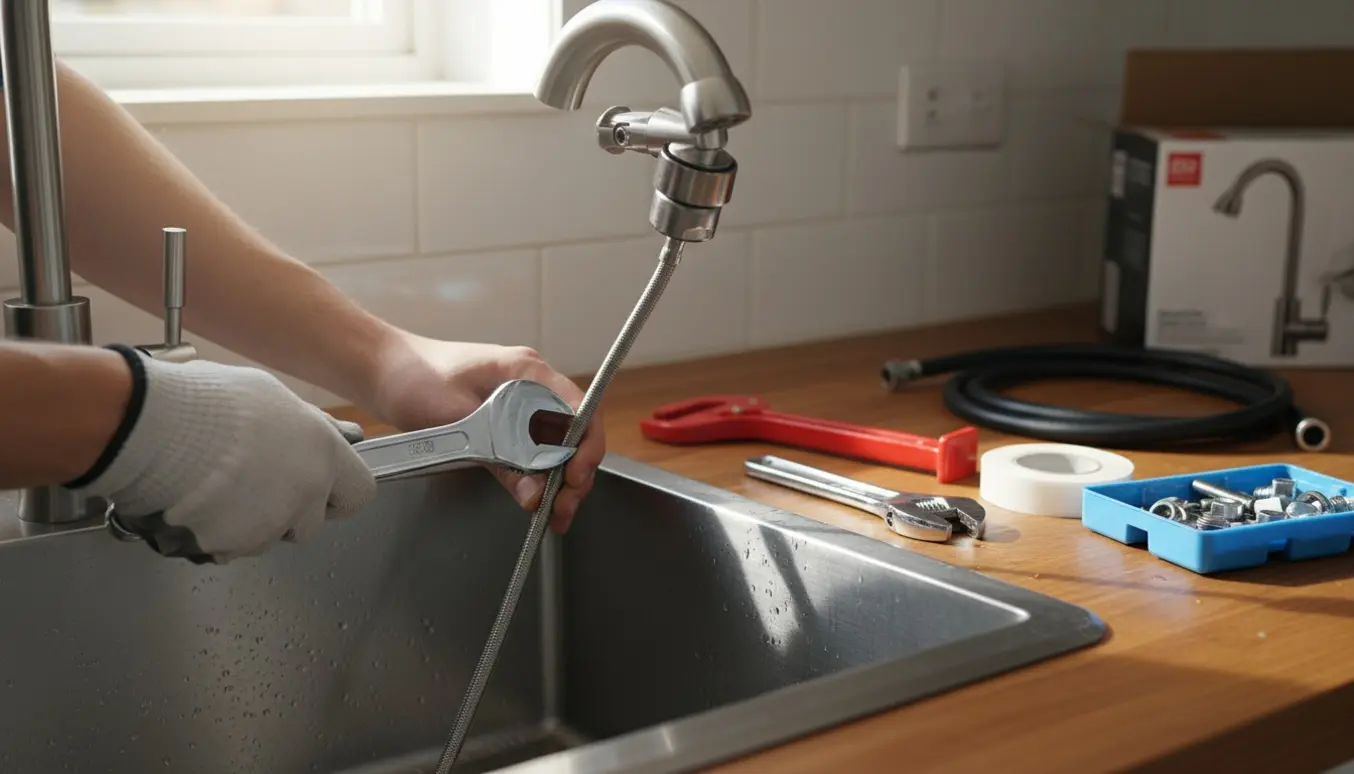 Hænder installerer en ny køkkenvandhane ved vasken med værktøj på bordet.