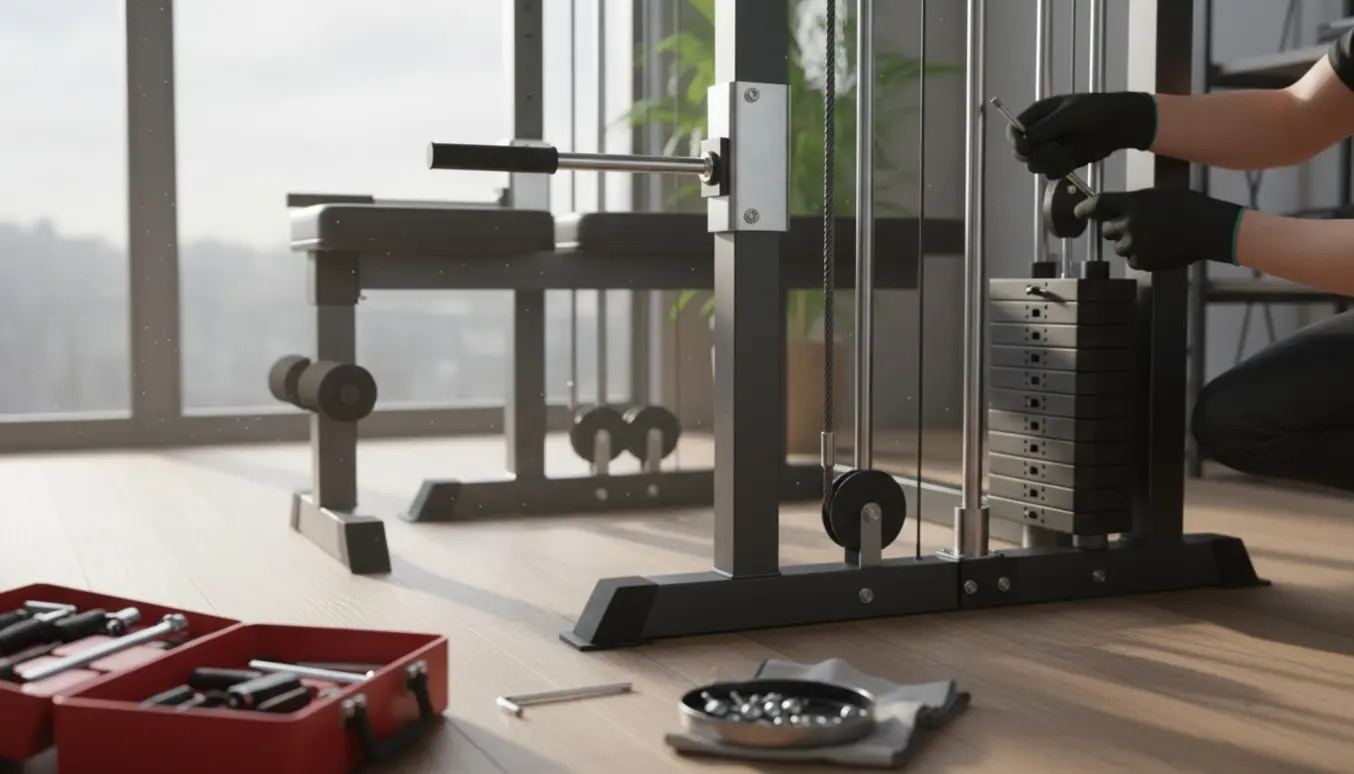 Delvist samlet multimaskine i et lyst hjemme-gym med værktøj i forgrunden og hænder, der spænder bolte.