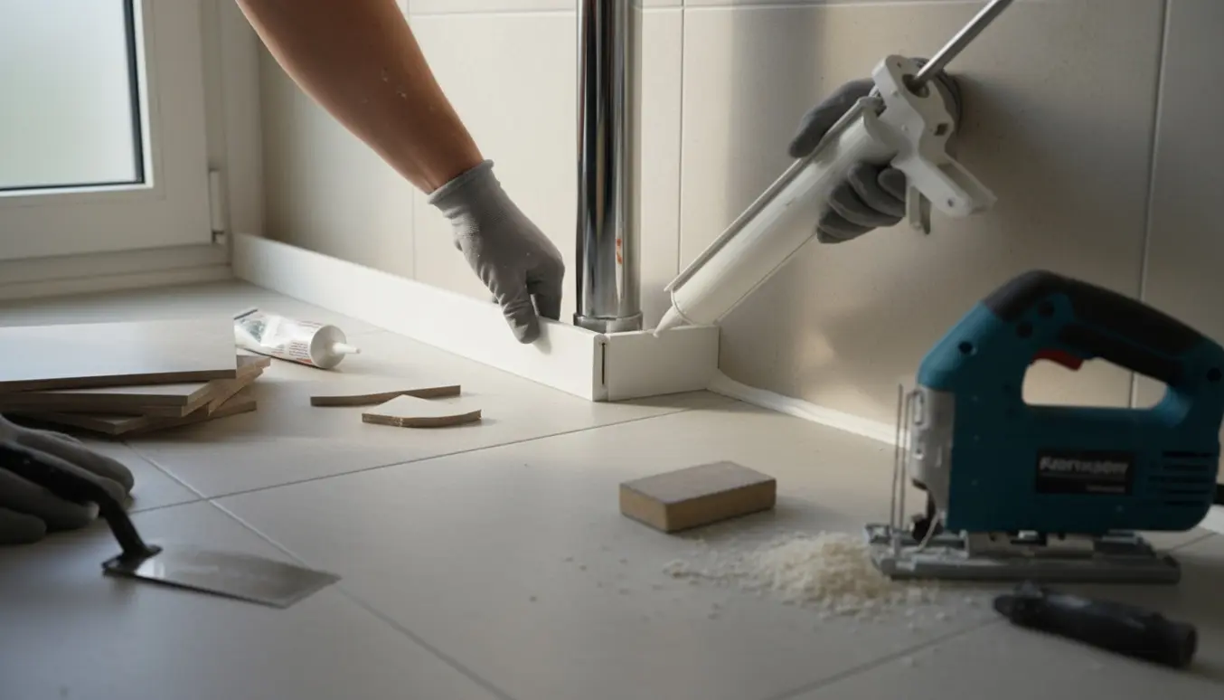 Hænder monterer en hvid sokkelkant omkring en faldstamme i et flisebadeværelse.