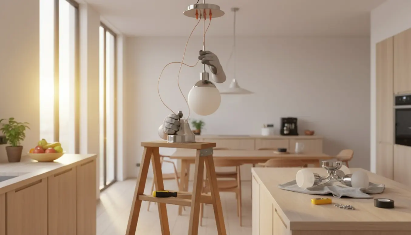 Person i handsker udskifter en loftslampe i et lyst køkken-alrum, kun hænder og lampe synlige.