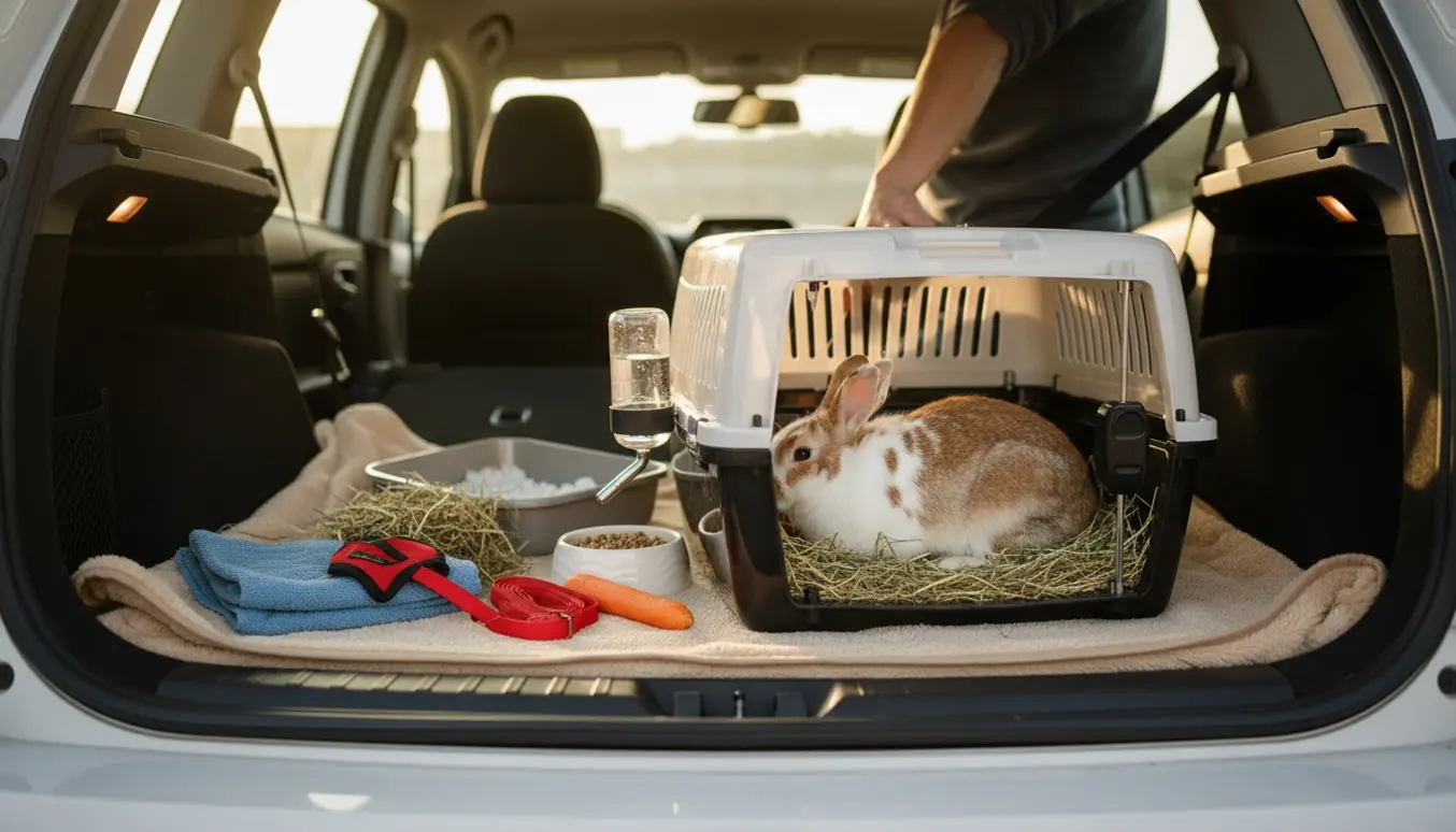 Kanin i transportkasse i bilens bagagerum med bur, hø, vandskål og tæppe klar til transport.