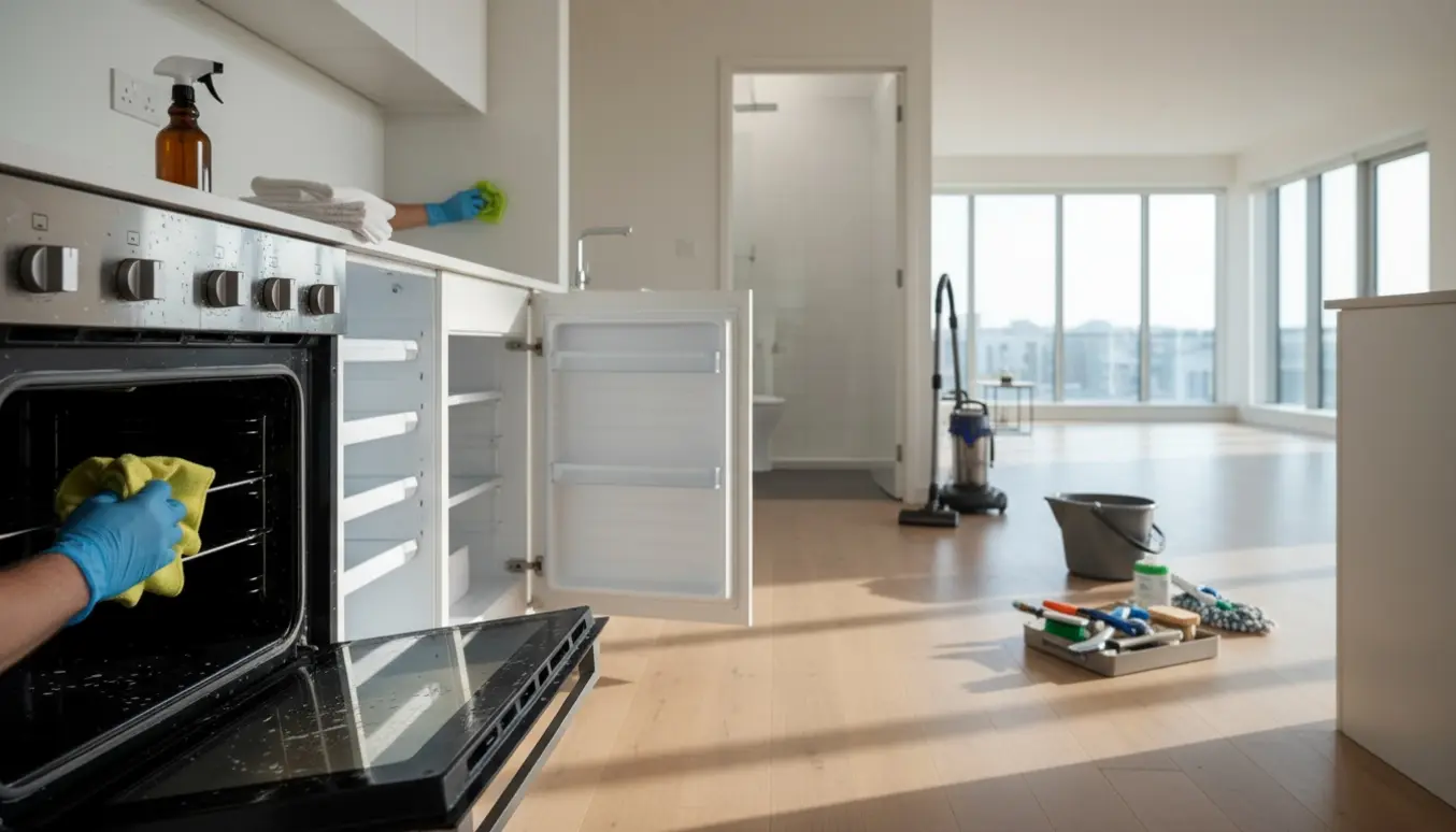 Handsker pudser ovnen og åbne skabe i en lys, rummelig lejlighed under slutrengøring.
