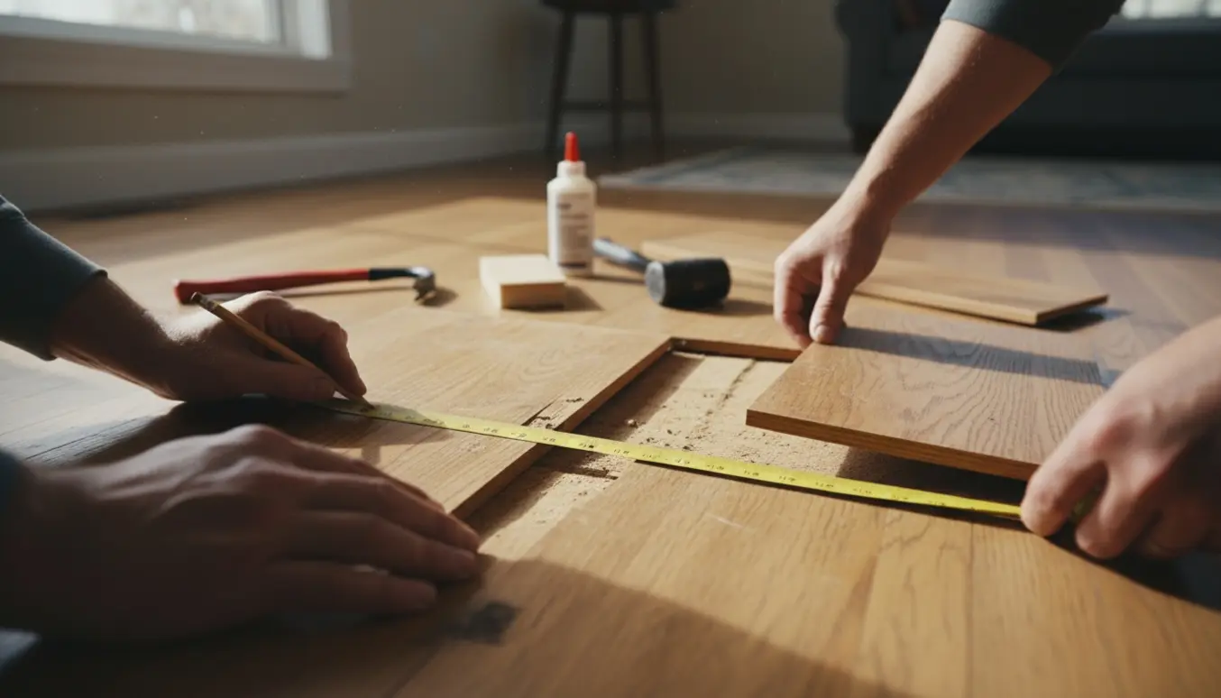 Nærbillede af adskilte trægulvsbrædder og hænder med værktøj, der vurderer skaderne.