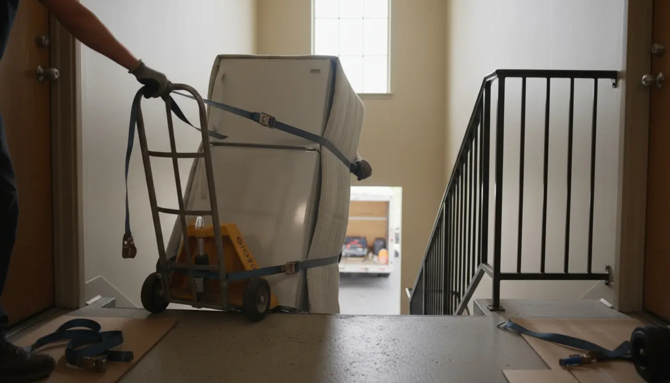 Et køleskab indpakket i flyttetæpper og surringer rulles ud fra en lejlighed på 4. sal i en trappeopgang.