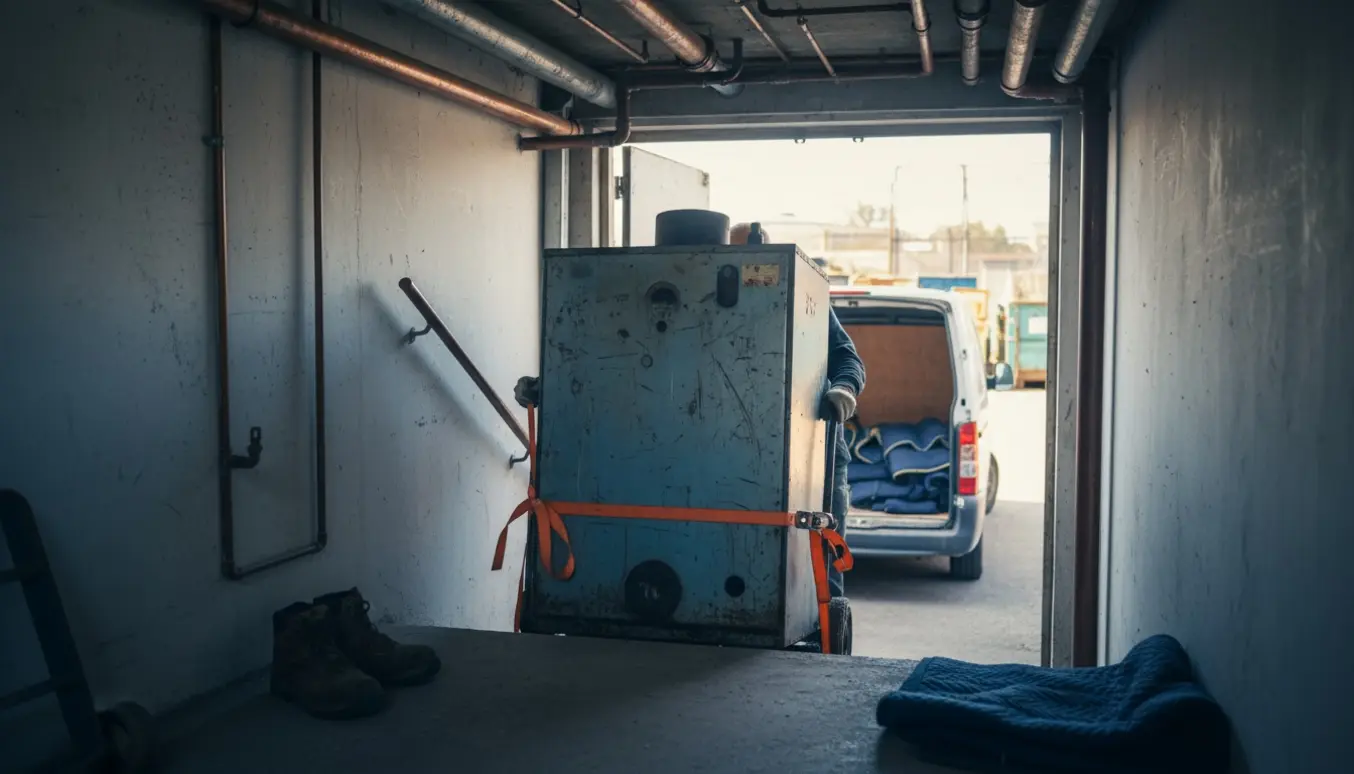 Et tungt oliefyr bæres op ad en kældertrappe på en transportvogn mod en ventende varebil og genbrugsplads.