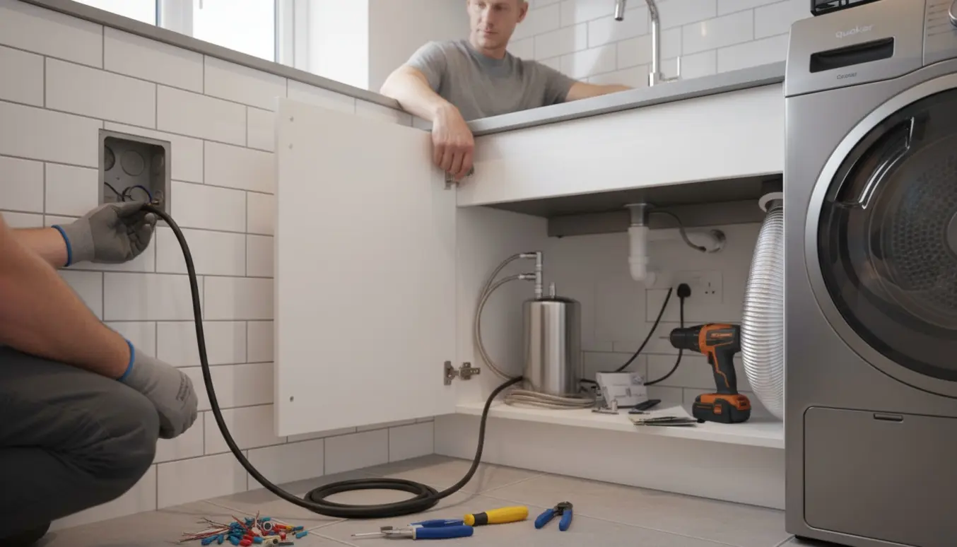 Hænder tilslutter tørretumblerens kabel til en ny stikkontakt bag tørretumbleren, mens en instant kogevandtank under vasken tilsluttes.