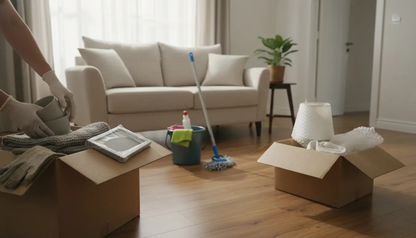 Hænder med handsker pakker ejendele i flyttekasser i et solbeskinnet hjem ved klargøring af dødsbo til salg.