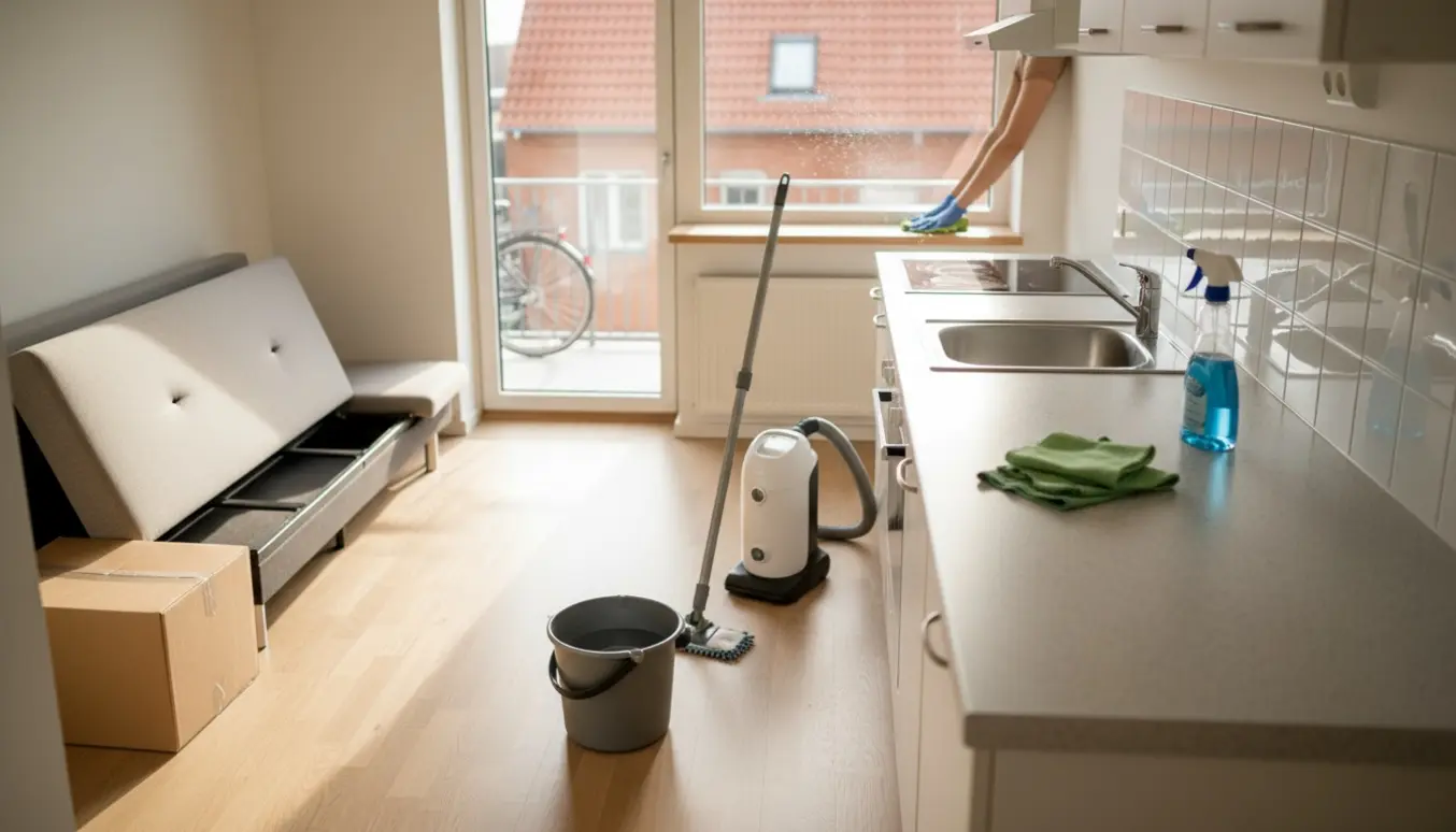 Sollys ind i en nyvasket 32 m² studiebolig i Århus N med rengøringsudstyr og skinnende overflader.