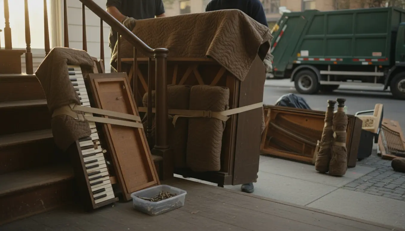 Delvist demonteret gammelt klaver bæres ned ad trappen og står klar på fortovet til storskrald.