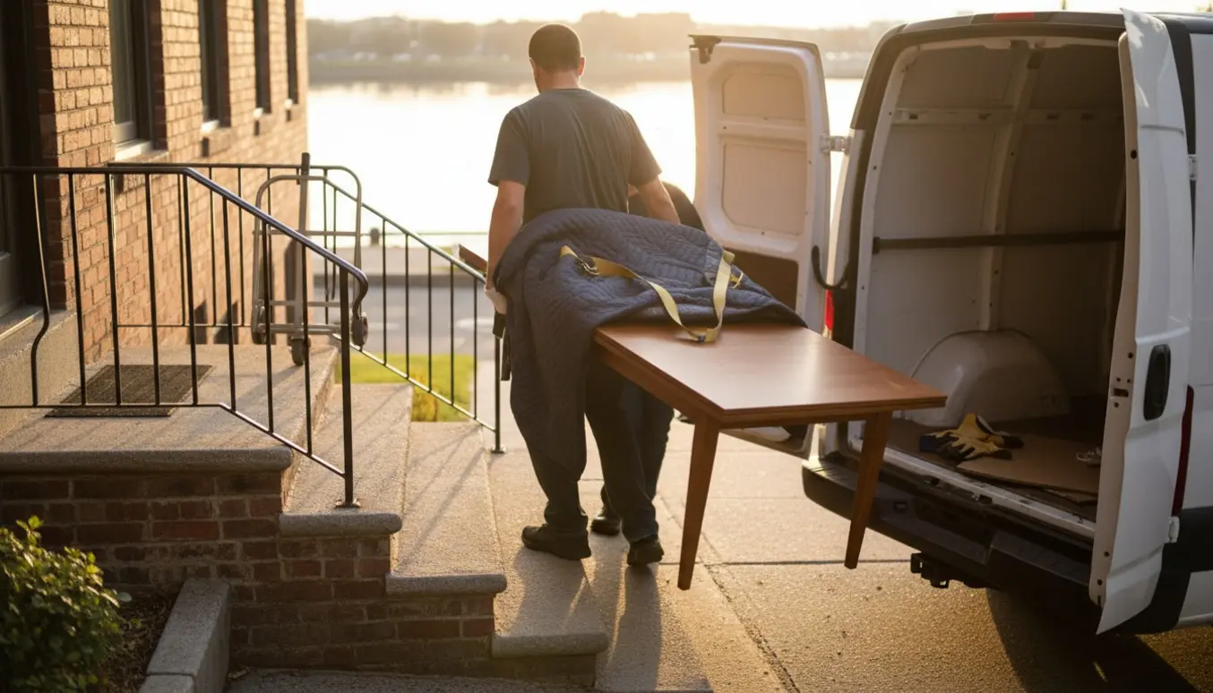 To personer bærer et lille spisebord med to løse plader ned ad en udendørs trappe mod en varevogn.