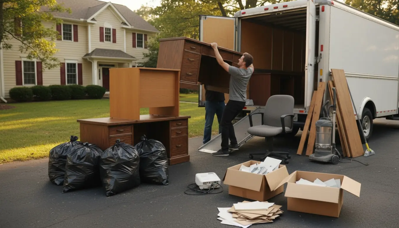 To personer læsser et stort skrivebord, papkasser, affaldssække og træplanker ind i en åben varevogn.