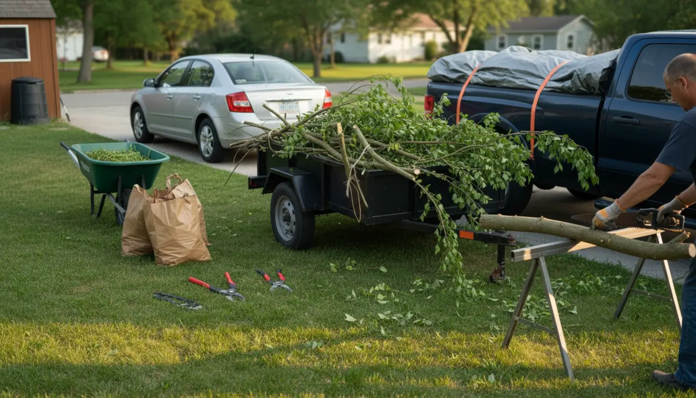 Trailer og ladvogn fyldt med nysavede grene og haveredskaber klar til bortskaffelse i en baghave.