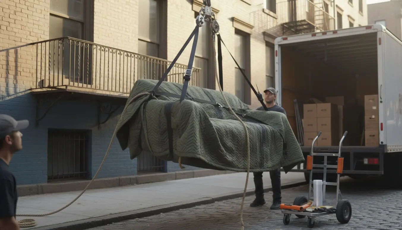 Sofa sænkes forsigtigt ned fra en åben fjerde­salsaltan, pakket i flyttetæpper og sikret med remme.