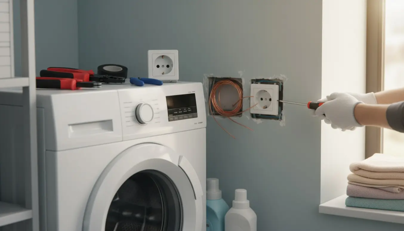 Nærbillede af hænder, der installerer en ekstra stikkontakt ved siden af en vaskemaskine i et lyst bryggers.