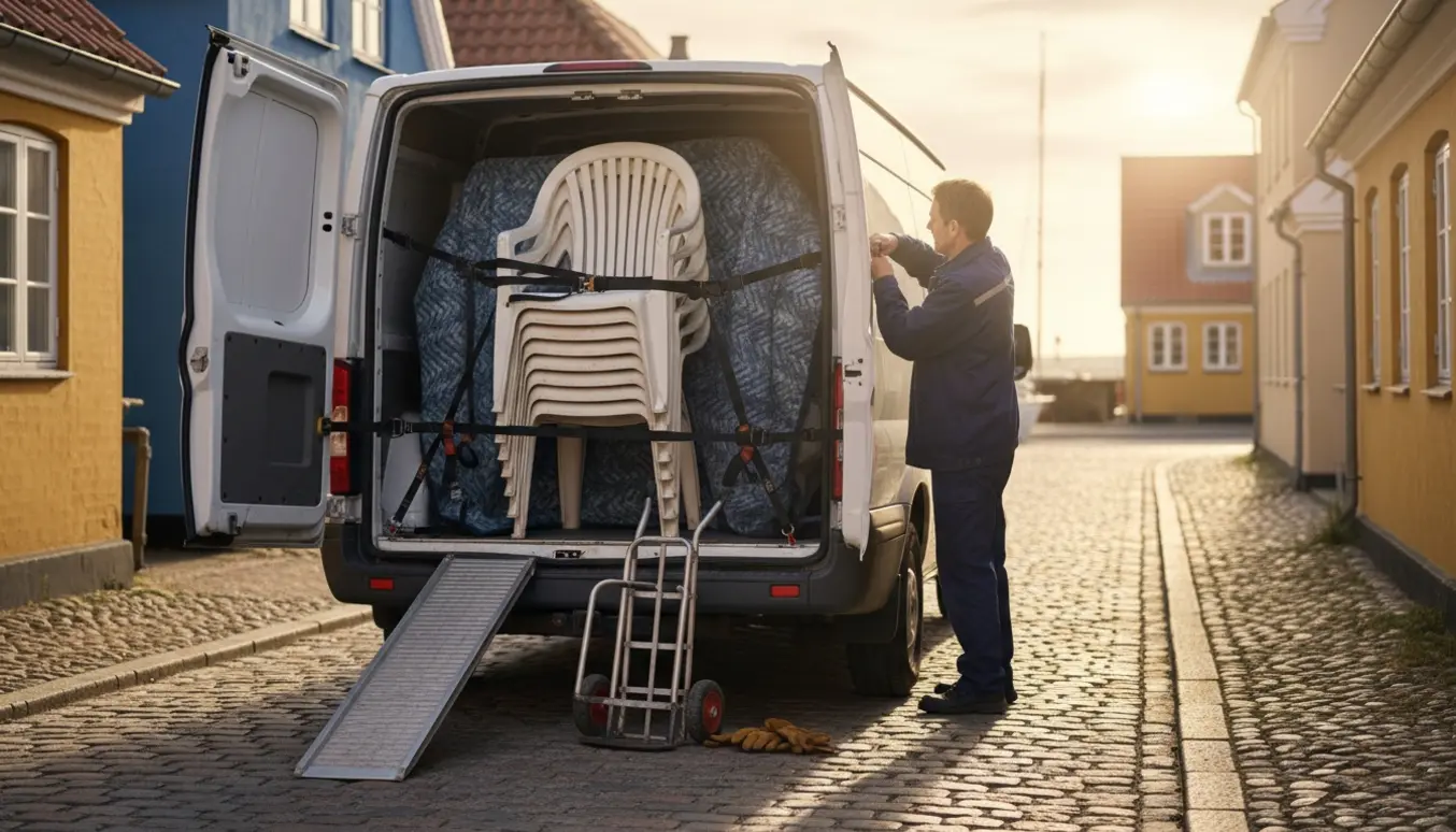 Plastikhavemøbelsæt med bord og fire stole læsses i en varevogn ved skumring i en hyggelig dansk kystby.