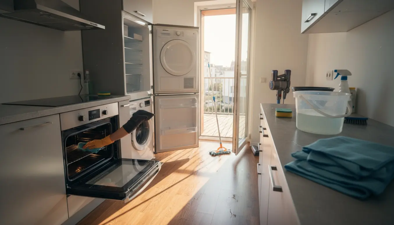 Flytterengøring i en 35 m² lejlighed med glittet ovn, åbent køleskab, vaskemaskine og nymoppet trægulv på altanen.