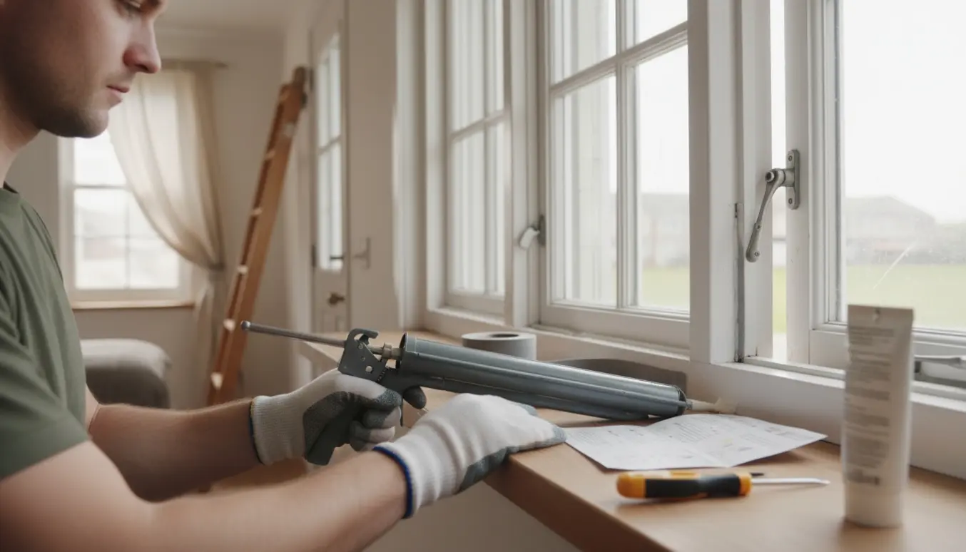 Hænder tætner en dør og fem vinduer med fugepistol og tætningslister i et lyst stueinteriør.