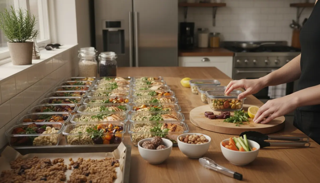 Lyst, skandinavisk køkkenbord med glasbeholdere fyldt med portionsmad og snacks, hænder anretter måltider.