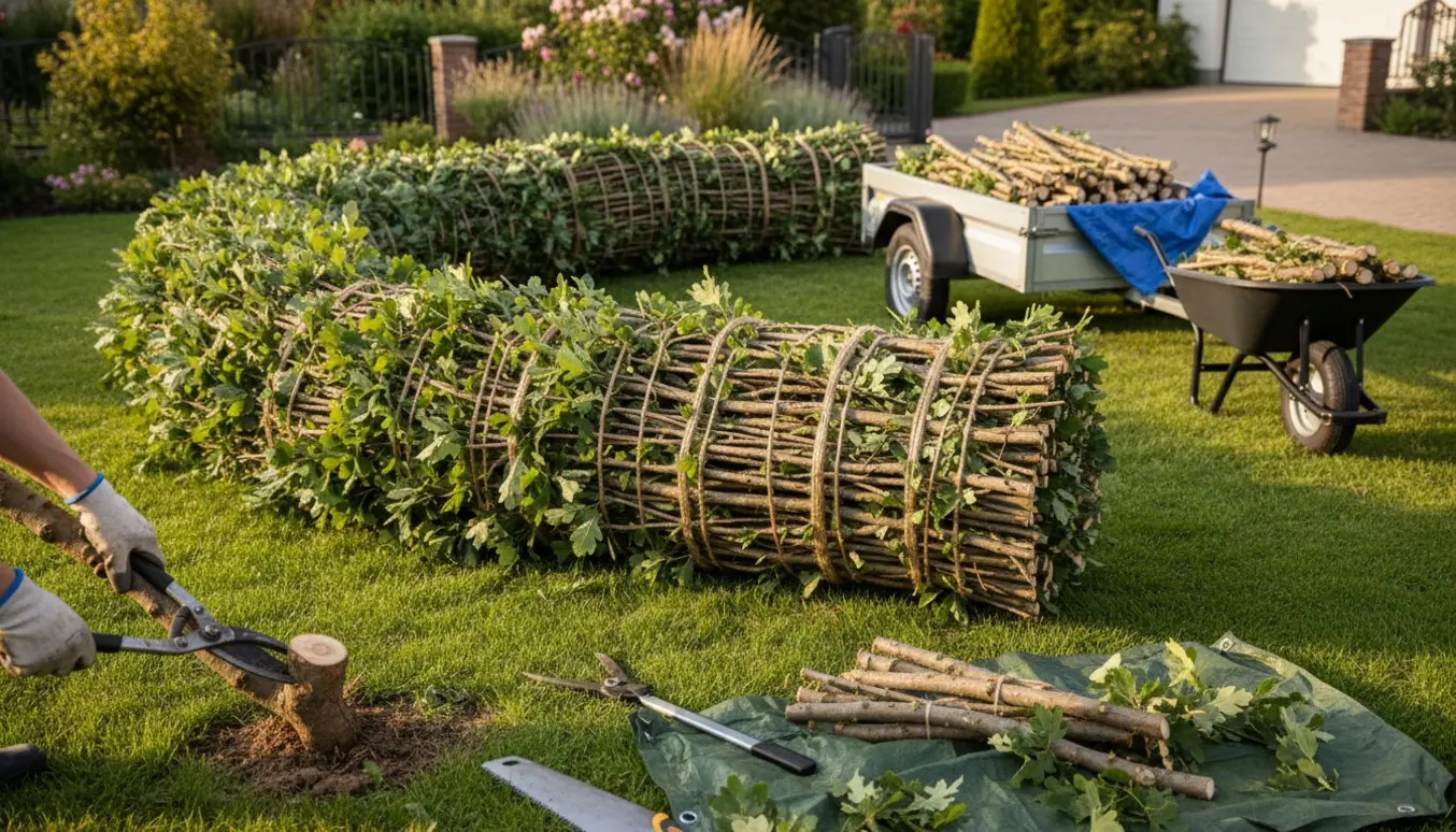 Rullet bundt af egegrene på græsset med haveredskaber og handsker klar til klipning og transport.