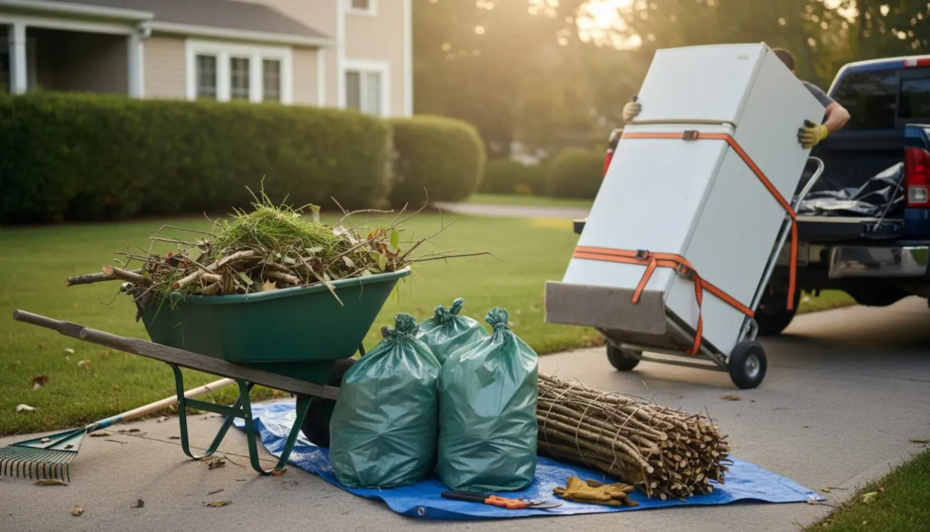 Et køleskab læsses i indkørslen ved siden af en trillebør og grønne sække med haveaffald.