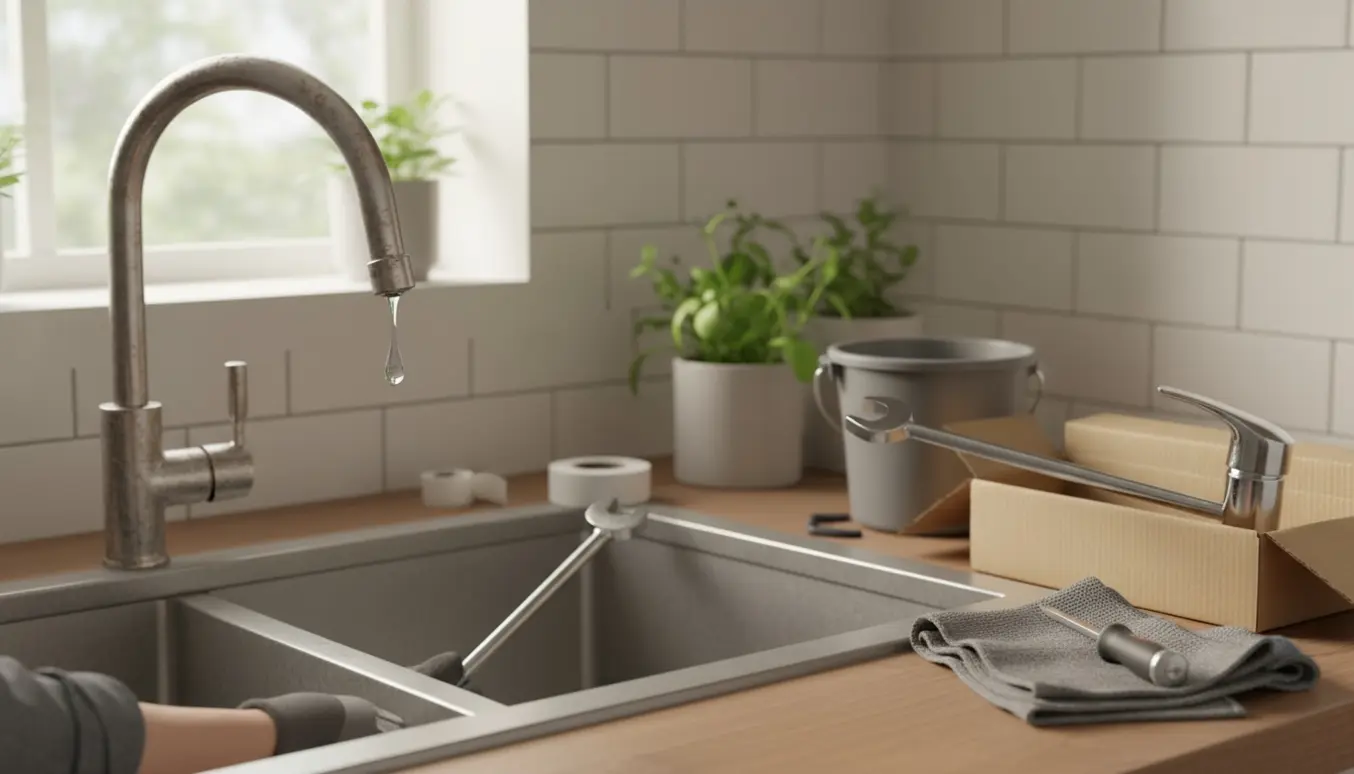 Dryppende køkkenhane over stålvask med nyt armatur og værktøj klar til udskiftning.
