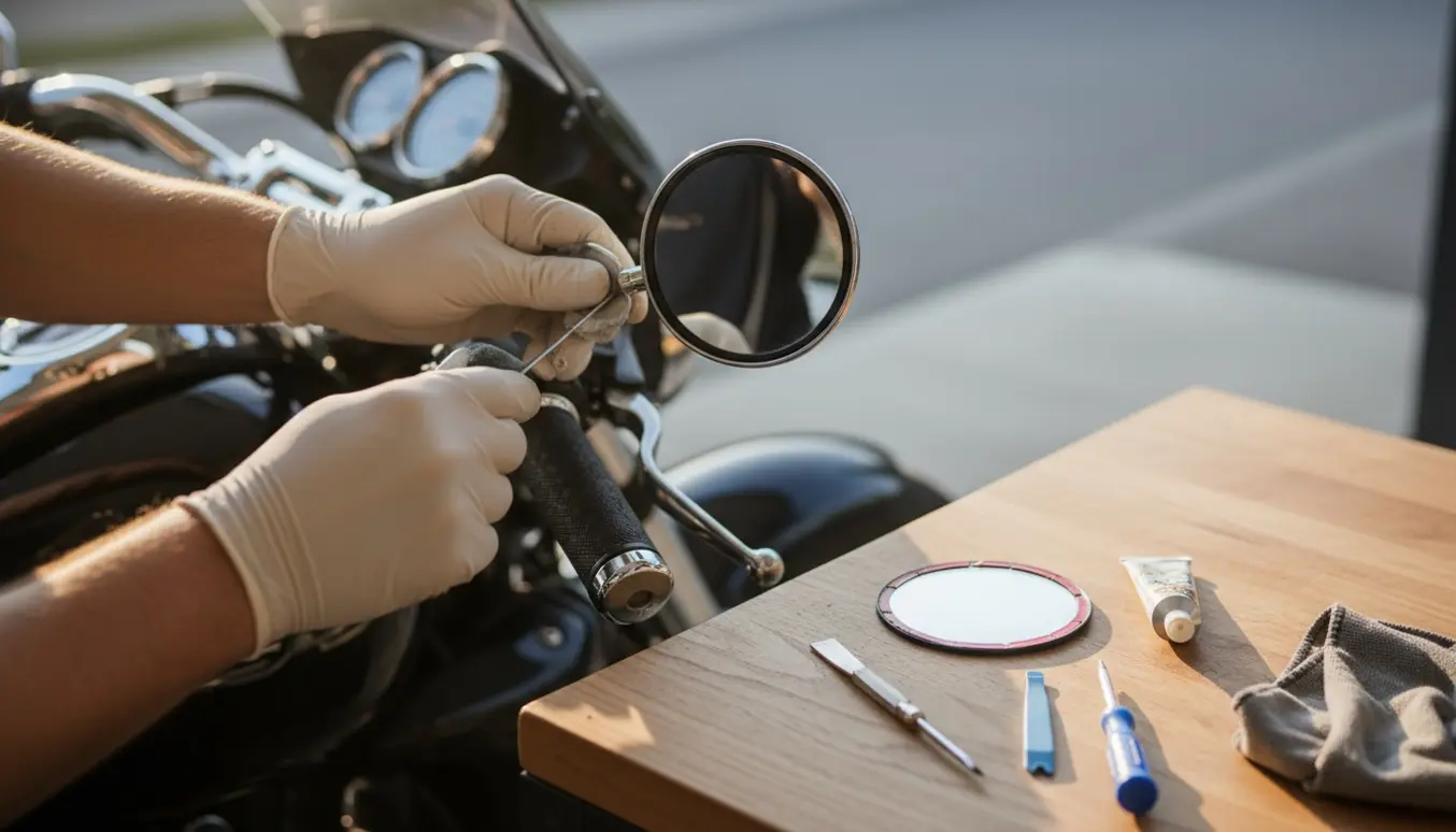 Nærbillede af handsker, der udskifter glasset i et motorcykels sidespejl med værktøj på en garagebænk.
