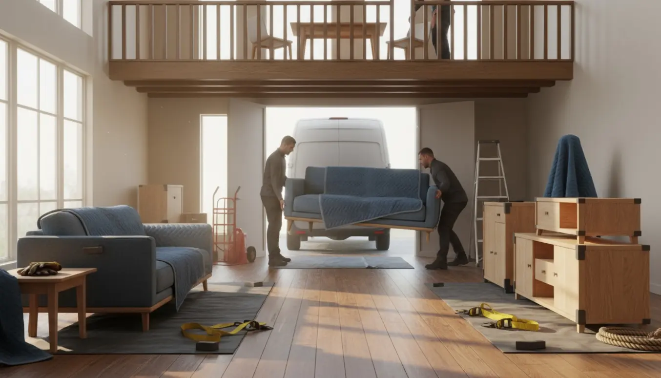 Flyttere bærer sofaer og løfter borde og stole op på en hems i et lyst stueetage lokale klar til afhentning.